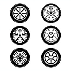 Collection of six detailed car wheel and tire illustrations