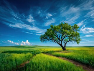 Lush green field with lone tree under a vibrant sky