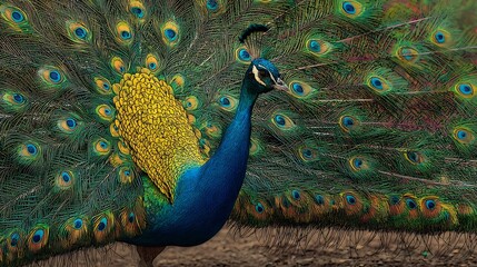 A vibrant peacock displaying its iridescent feathers with a striking blue and yellow coloration