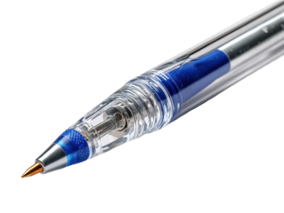 Writing with a blue ballpoint pen on a white surface view focus on detail isolated on transparent background, png