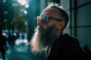 A man with a beard and wearing sunglasses, strolling along the street.