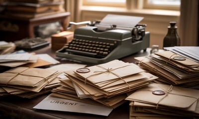Vintage Typewriter and Stacked Letters with Wax Seals on Desk