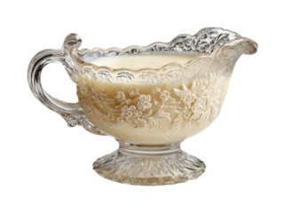 Elegant glass creamer displaying creamy sauce in bright kitchen environment isolated on transparent background, png