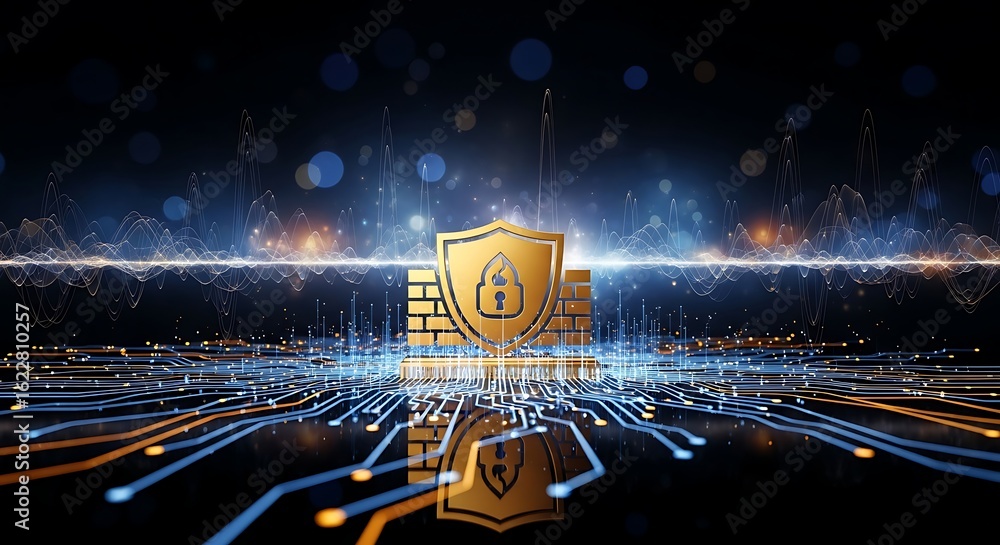Poster cybersecurity firewall: digital shield protection, data encryption, network security, abstract techn