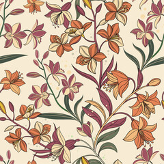 Seamless vector pattern featuring tropical orchids with vibrant fuchsia and yellow petals and glossy green leaves on pastel background, floral design. Ideal for fabric, packaging