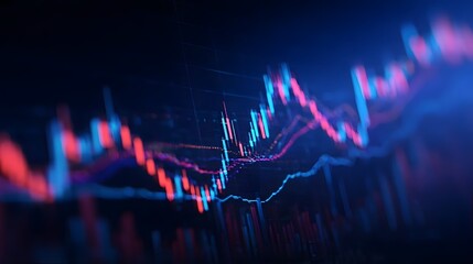 Blurred blue and red candlestick chart with dynamic lines.