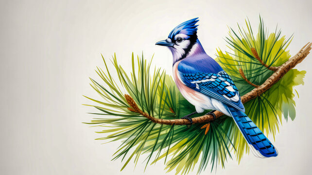Blue jay perched on pine branch bird pine tree - Powered by Adobe