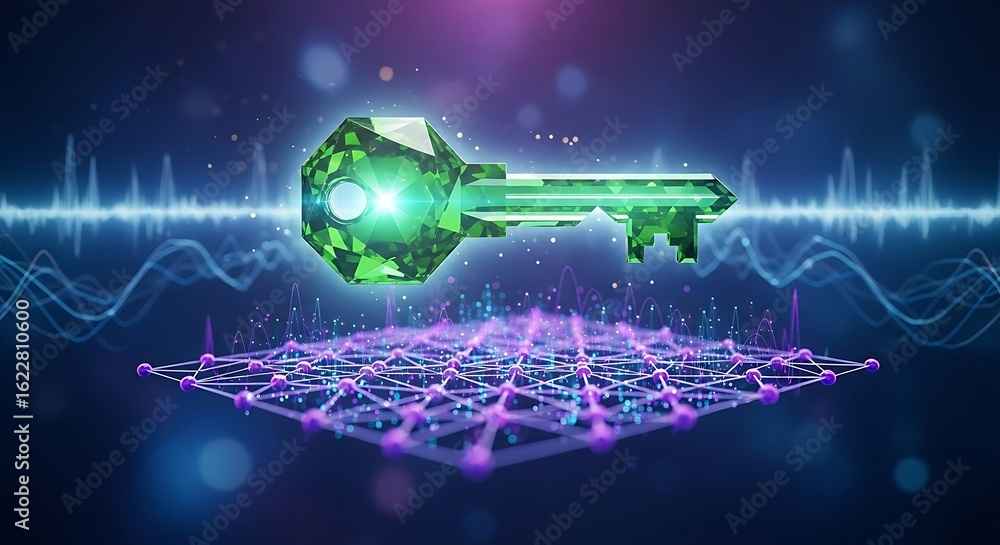 Poster emerald key to digital security: abstract network data encryption concept