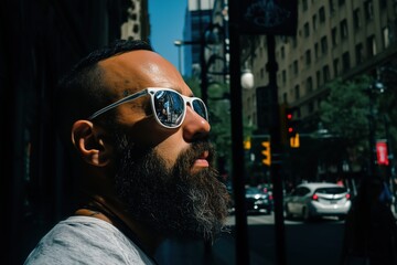 A man with a beard and wearing sunglasses, strolling along the street.