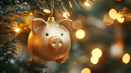Golden piggy bank ornament hanging on a Christmas tree branch with glowing festive lights, representing 2026 seasonal savings, financial planning, and holiday budget awareness. Banner with copy space