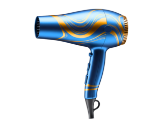 Artistic blue and gold patterned hair dryer isolated on transparent background