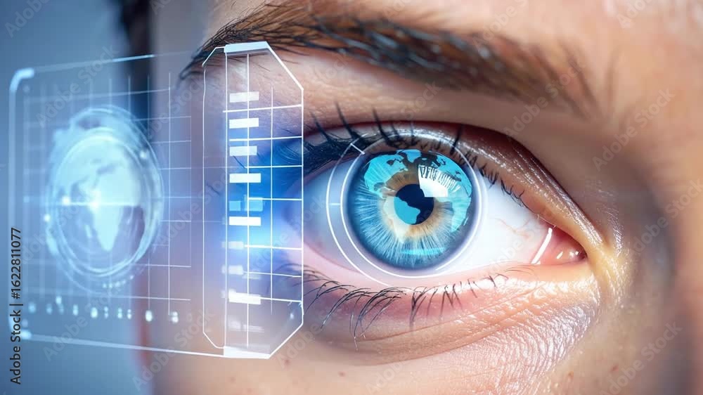 Poster close up of a blue eye with futuristic technology interface and data visualization against a softly 