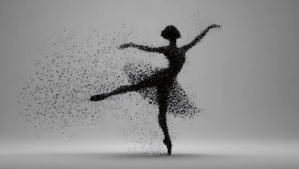 Ballerina dissolving into particles in dynamic pose.