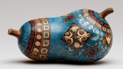 Intricately decorated gourd craft art, showcasing colorful geometric and floral patterns