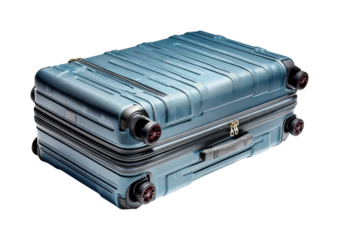 Travel essentials packed stylish blue luggage modern design airport environment isolated on transparent background, png