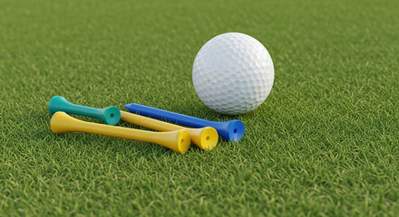 Golf ball and colorful tees on green grass, showcasing a golf course scene, representing sport, leisure, and recreation