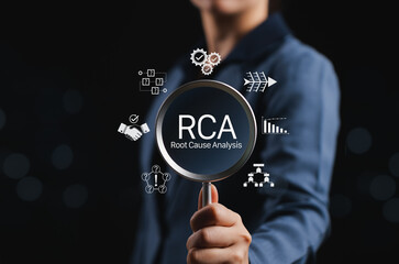Root Cause Analysis RCA Process for Problem Solving and Improvement. Person holds magnifying glass with RCA icons, systematic investigation, quality management, and strategic methods. business process