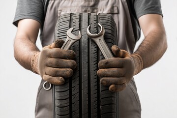 A mechanic with a tire in his hands and a wrench in his hands. on a clean white background