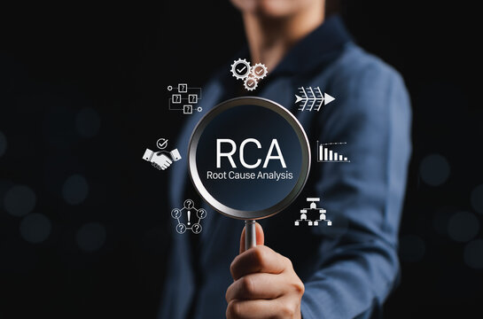Root Cause Analysis RCA Process for Problem Solving and Improvement. Person holds magnifying glass with RCA icons, systematic investigation, quality management, and strategic methods. business process