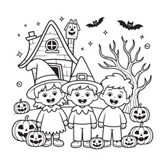 Naklejka premium Bold and Easy Cozy Halloween Coloring Pages, Vector Illustration, Black and White, Halloween, Coloring Pages, Bold and Easy Halloween Printable, Halloween holiday, Cozy Halloween Coloring Page,