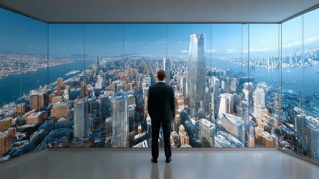 A City View Perspective: A businessman stands, gazing out at a modern cityscape through expansive windows. He observes the city from his privileged viewpoint.