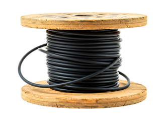 Wooden spool with black electrical wire isolated on transparent background