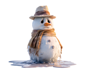 Melting Snowman with Drooping Hat and Puddle Base, Front View, Isolated on Transparent Background PNG