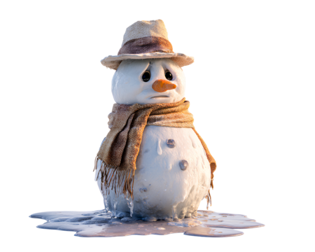 Melting Snowman with Drooping Hat and Puddle Base, Front View, Isolated on Transparent Background PNG