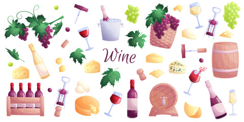 A set for vineyards and wine. Sparkling champagne, bottles, glasses, cheese, grapes, bottle stopper, corkscrew, wooden barrel. Isolated vector illustration for posters, banners, restaurant menus