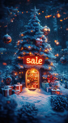 Enchanting Christmas tree doorway reveals magical glowing SALE sign and levitating gift boxes inside, perfect fantasy promotion concept for winter holiday shopping banners