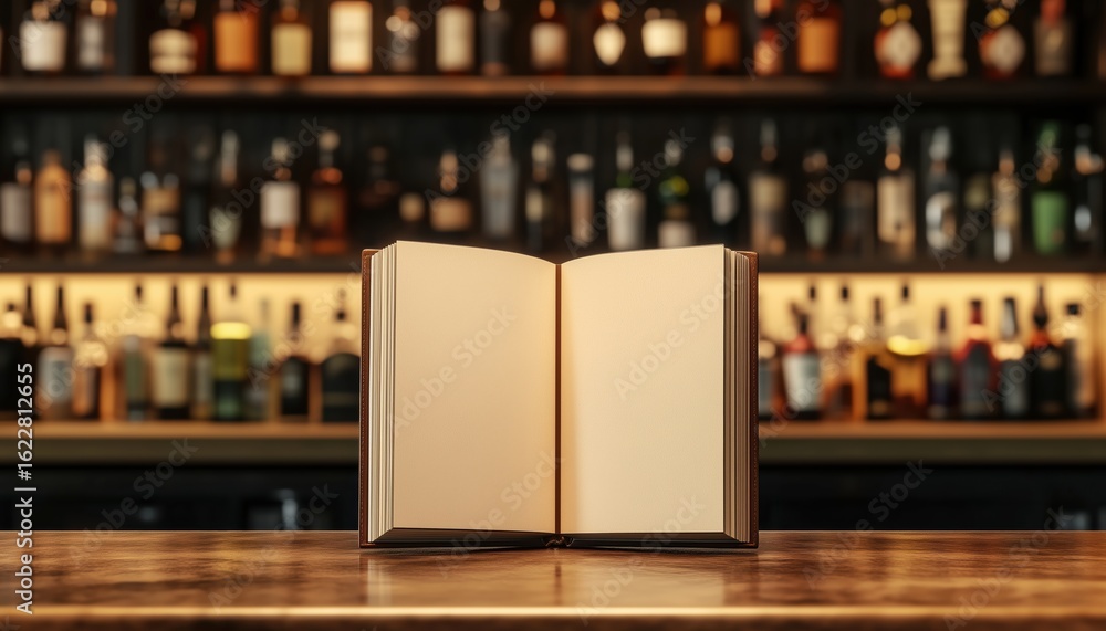 Poster blurred background of bar with mock-up menu frame, open leather-bound menu book standing on bar coun
