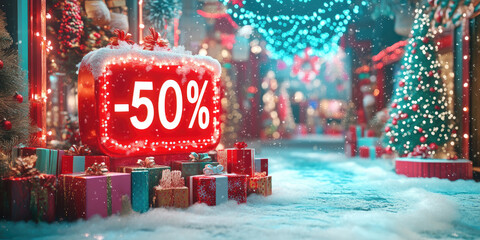 Bright festive Christmas promotion with glowing -50% discount numbers, red and green holiday colors, snow effects and product display podium for seasonal winter advertising banners
