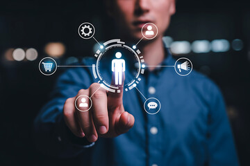 Person interacting with a digital network of icons representing business and technology