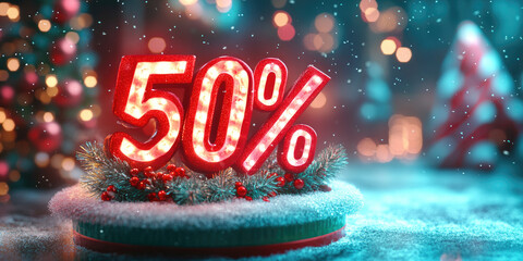 Bright festive Christmas promotion with glowing -50% discount numbers, red and green holiday colors, snow effects and product display podium for seasonal winter advertising banners