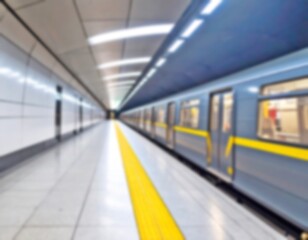 Obraz premium Blurred subway station platform with a train. A dynamic and modern urban transport background, perfect for technology and city life themes.