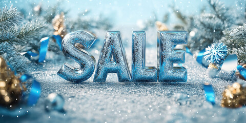 Futuristic Winter Sale Scene with Chrome "SALE" Letters Above Icy Terrain and Metallic Holiday Elements. Christmas discounts