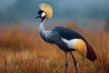 A crowned crane standing in a field of tall grass with a blurred background in a natural setting