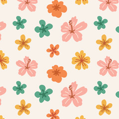 Pattern of summer colorfull tropical flowers. Botanical jungle plants, leaves and flowers. Flat hand drawn illustration. Summer illustrations on exotic theme