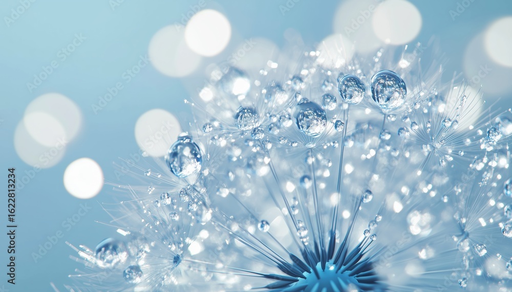Poster stunning macro image of a large dew drop on a dandelion flower, with soft focus and sparkling water 
