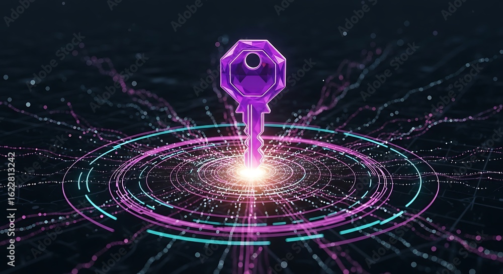 Poster cybersecurity digital key: abstract futuristic neon glowing key accessing network data