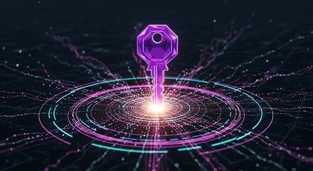 Cybersecurity Digital Key: Abstract Futuristic Neon Glowing Key Accessing Network Data