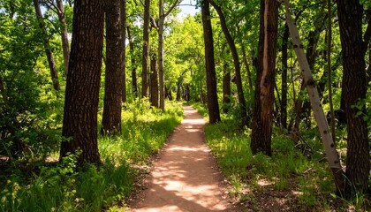 Fototapeta premium Sunlit Forest Path Leads Through Lush Green Trees and Shadows