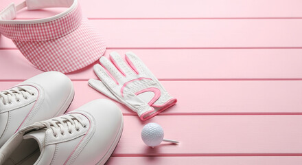 Pink golf visor, white shoes, gloves, ball, tee on pink wood background Showcase of golf equipment for women Free space for text