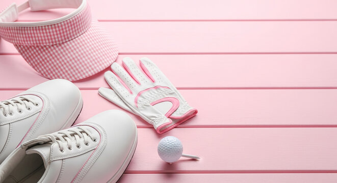 Pink golf visor, white shoes, gloves, ball, tee on pink wood background Showcase of golf equipment for women Free space for text