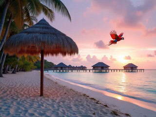 Fototapeta premium Straw umbrella on tropical sandy beach in Maldives. Palm trees, thatched bungalow on ocean shore. Pink sky with cloud. Travel photo. Evening sunset, flying red macaw parrot.