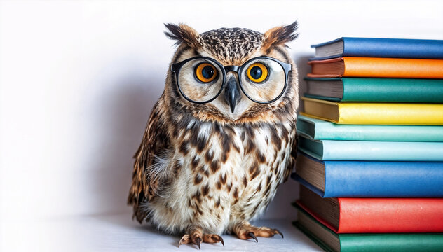 Eule mit Brille, humorvolle Stimmung, sitzt neben buntem B&uuml;cherstapel, vor wei&szlig;em Hintergrund