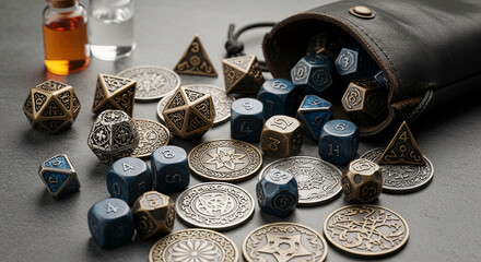 Scattered metal dice and tokens, various shapes and colors, leather pouch in background, showcasing tabletop gaming accessories, suggesting adventure and fantasy