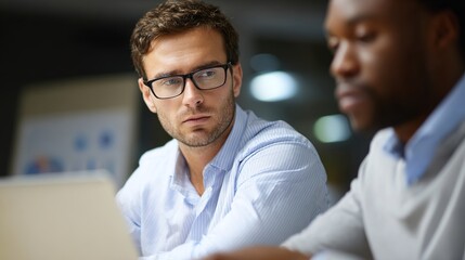 Obraz premium Focused Collaboration: Two professional individuals, immersed in their work, intently studying a laptop screen in a low-light setting.