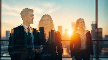 Fototapeta premium business banner double exposure background with business people silhouettes walking near office modern city buildings