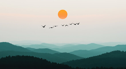 Flock of Birds Flying Over Layered Mountain Landscape with Sunset Sky